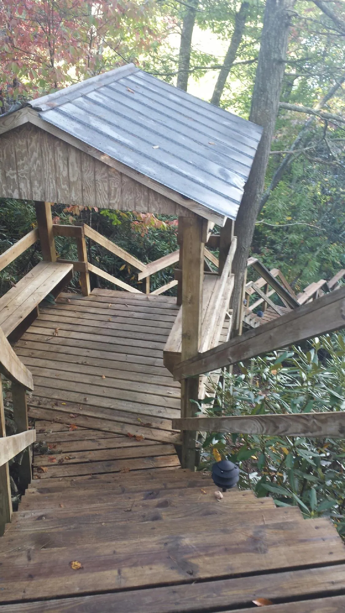 Metal roofed shelter over wooden steps on a wooded walkway — Skylight Repair & Installation work by our crew in Kindred